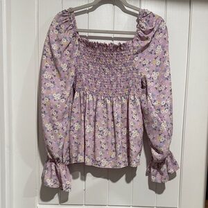 Vine & Love Pastel Purple Floral Smocked Blouse